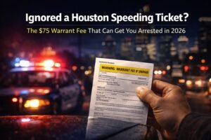 Person holding a Houston speeding ticket warrant notice at night with police lights in the background.