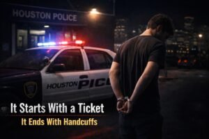 Person in handcuffs standing behind a Houston police car with "It Starts With a Ticket, It Ends With Handcuffs" warning