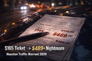 Houston traffic ticket showing cost increase from $165 to $489 due to warrant fees and failure to appear charges.