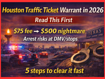 Houston traffic ticket warrant 2026 blog banner showing police car and handcuffs with arrest risk warning.