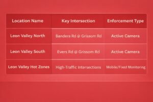 Table of Leon Valley traffic ticket camera hotspots 2026 including Bandera Road and Grissom Road intersections with camera activation dates.