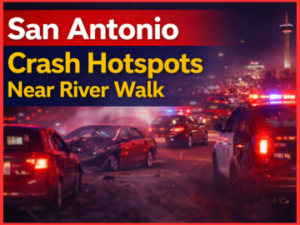 Map and guide for San Antonio crash hotspots near River Walk and pedestrian safety downtown.