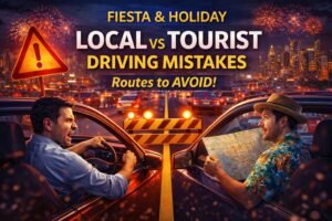 Local vs tourist driving mistakes banner with San Antonio skyline and fireworks.