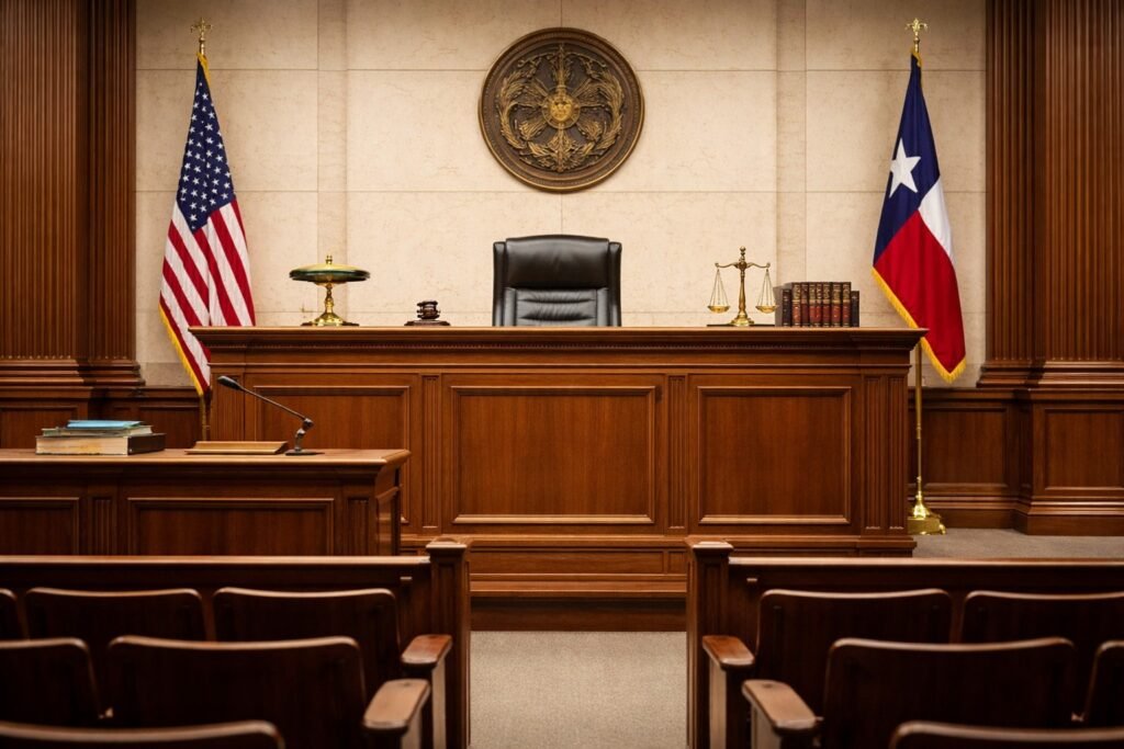 An empty Texas courtroom interior featuring the judge's bench, the US flag, and the Texas state flag, used for traffic ticket dismissal hearings.