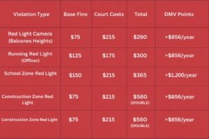 2026 Texas red light ticket fine table showing costs from $290 to $580 and annual insurance increases.