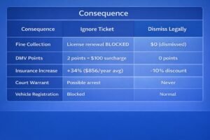 traffic ticket consequences in Texas showing $0 cost for legal dismissal versus blocked license and arrest risk for ignoring tickets.