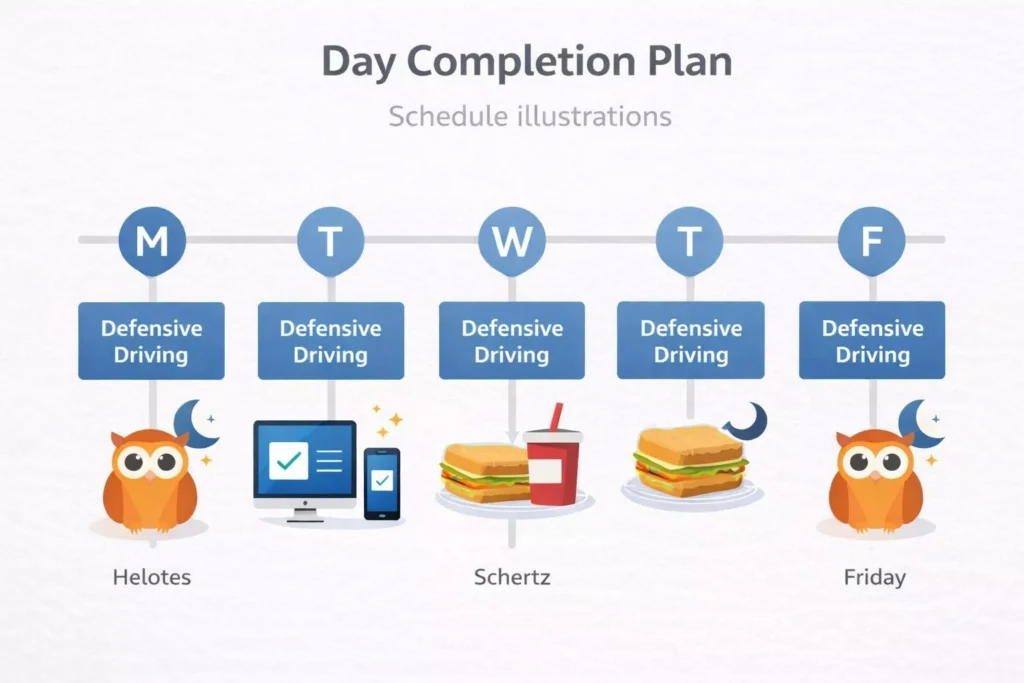 A 5-day completion plan for defensive driving with daily schedule illustrations.