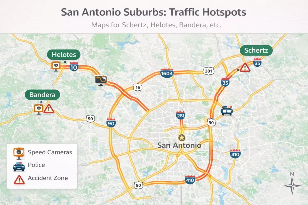 A map of San Antonio suburbs showing traffic hotspots, speed cameras, and accident zones for Helotes, Schertz, and Bandera.