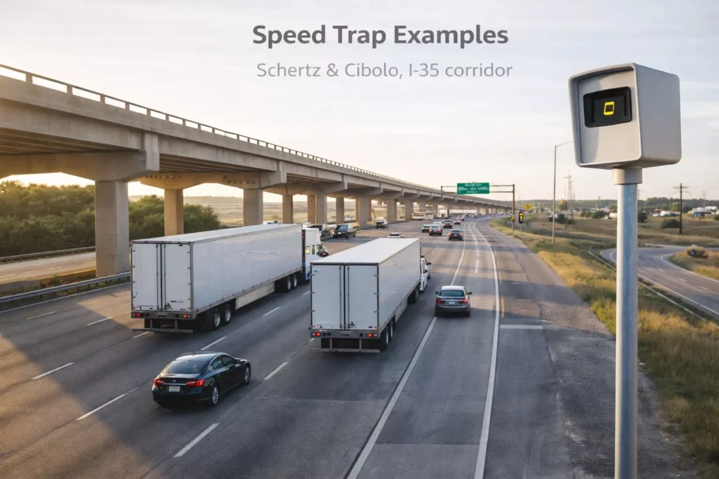 Heavy traffic on I-35 in the Schertz-Cibolo area near San Antonio, featuring a highway speed camera and overhead traffic monitoring system.
