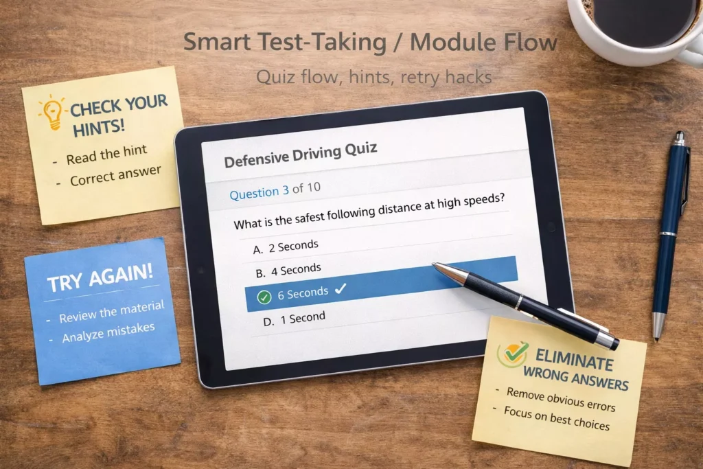 A tablet displaying a defensive driving quiz with sticky notes providing tips on checking hints, retrying questions, and eliminating wrong answers.