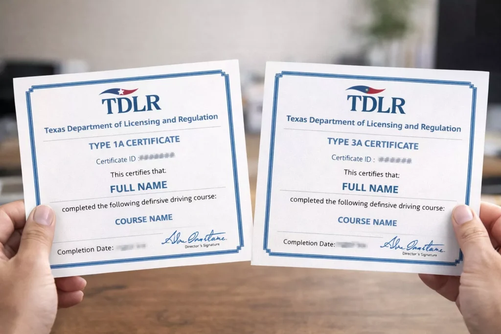 TDLR-approved Type 1A and Type 3A defensive driving certificates for ticket dismissal and insurance discount in Texas.