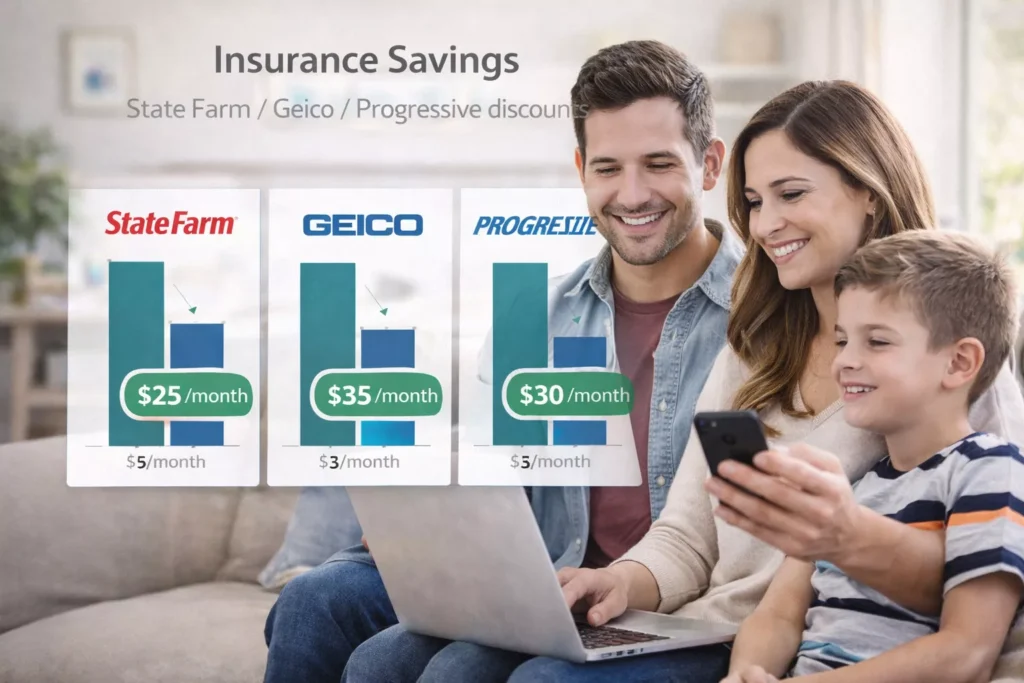A family using a laptop to check insurance savings from State Farm, Geico, and Progressive after completing defensive driving.