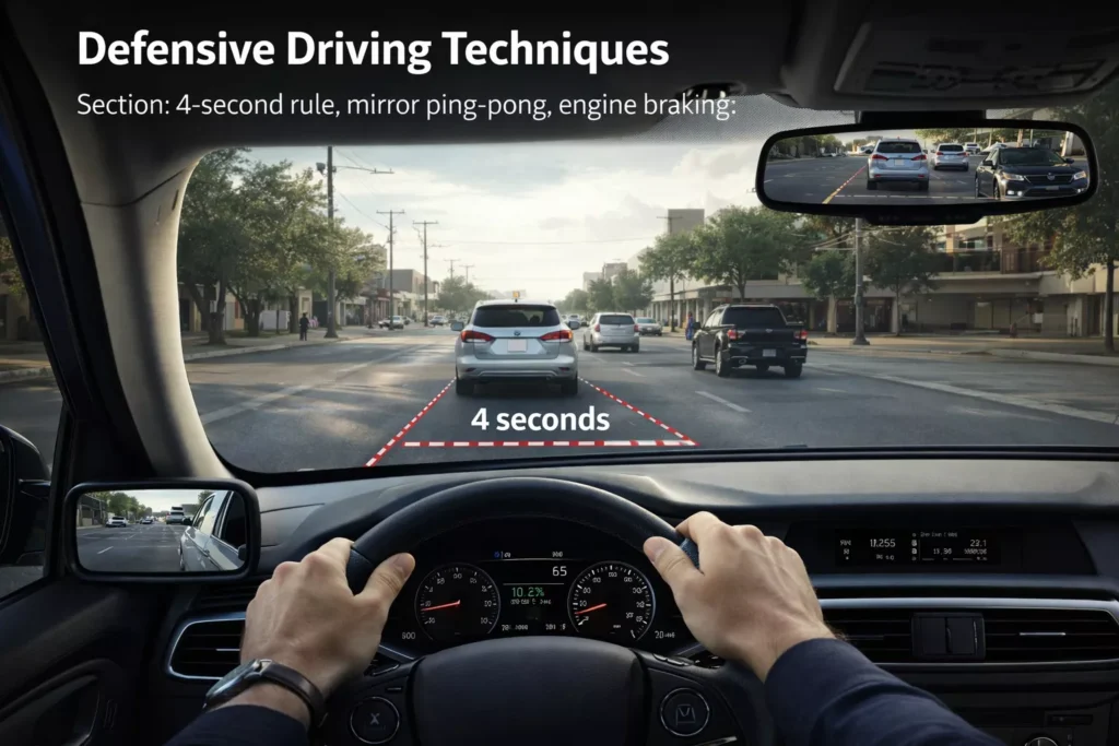 A driver's perspective inside a car demonstrating the 4-second following distance rule and mirror techniques for defensive driving.