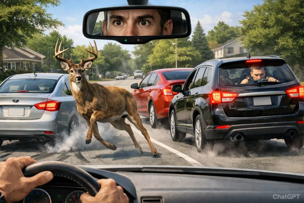 A deer crossing a busy San Antonio road with traffic, highlighting local wildlife hazards for defensive driving awareness.