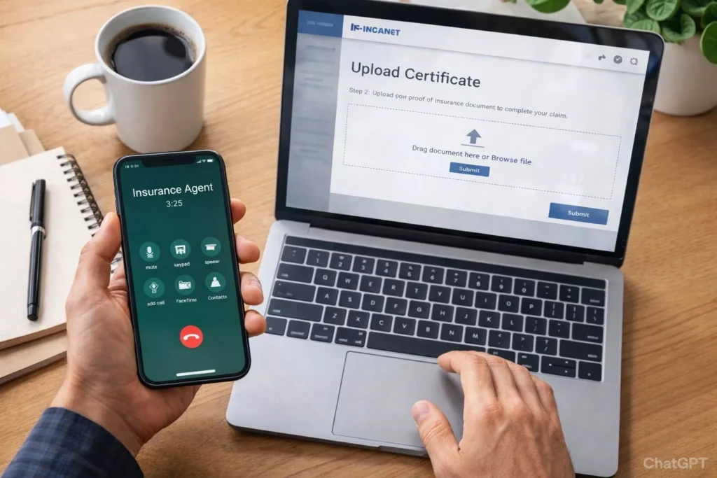 A person calling an insurance agent while uploading their defensive driving certificate to a laptop for a premium discount.