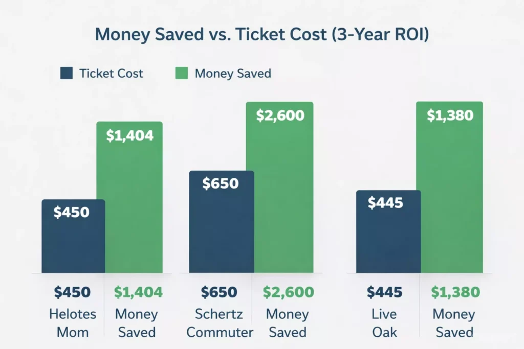 Bar chart comparing traffic ticket costs versus 3-year savings from defensive driving for residents in Helotes, Schertz, and Live Oak.