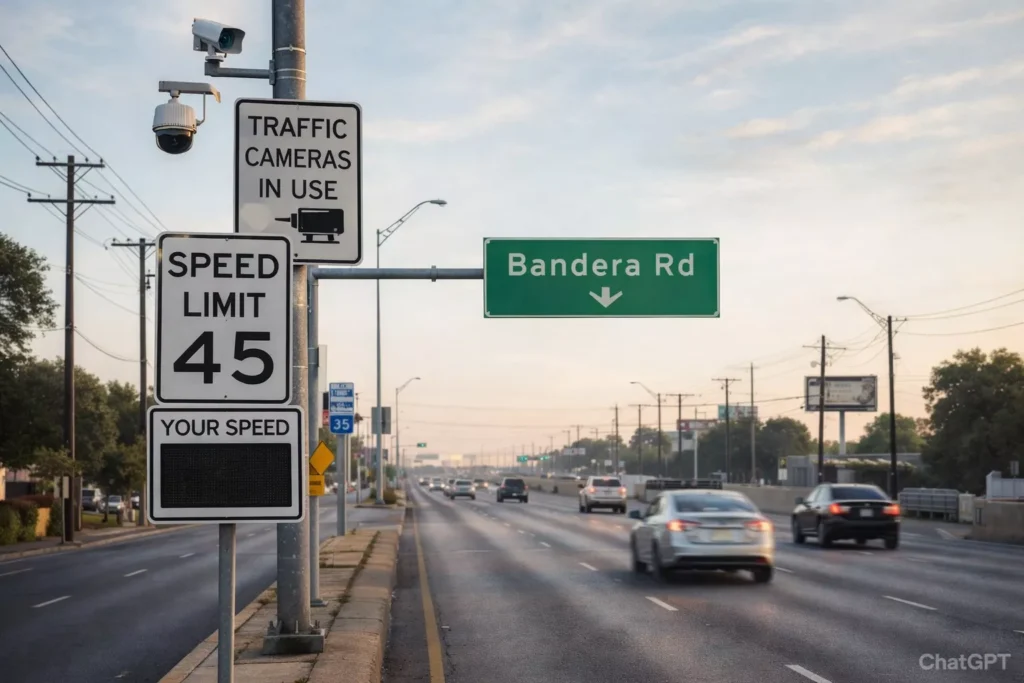 Traffic and speed cameras on Bandera Road in San Antonio with a 45 MPH speed limit sign and digital speed display.