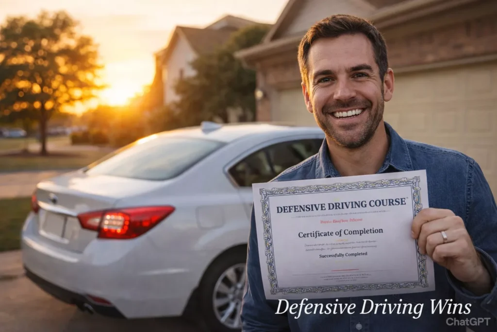 A smiling driver holding a defensive driving certificate of completion in front of a car at sunset in San Antonio.