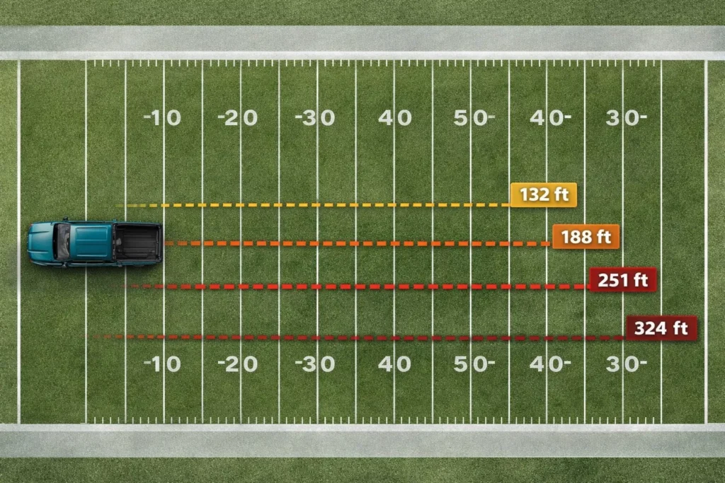 A stopping distance chart illustrated on a football field showing how braking distance increases with speed for defensive driving.
