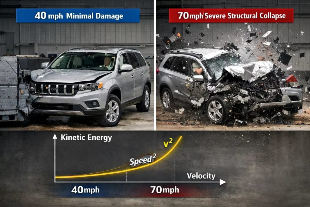 Side-by-side comparison of vehicle damage at 40 MPH versus 70 MPH and a kinetic energy graph showing how speed increases impact severity.