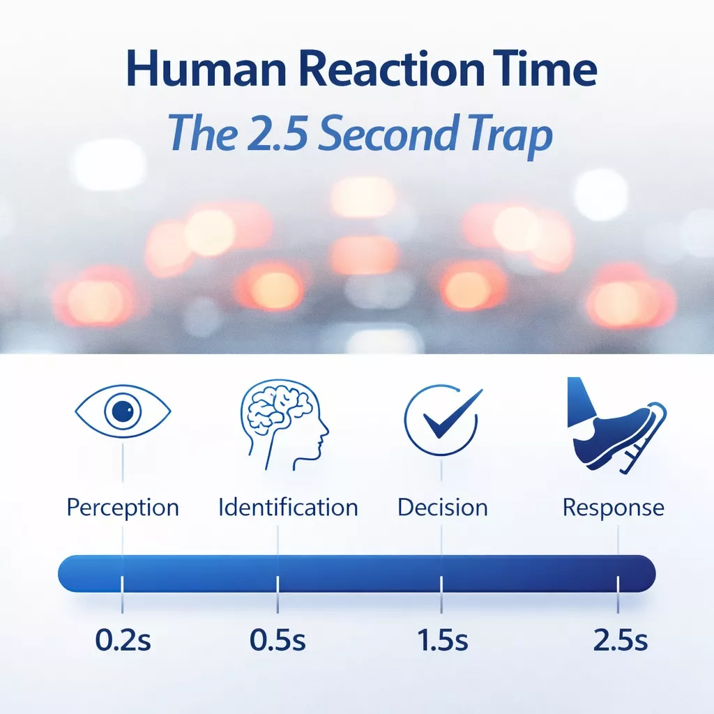 Infographic of the human reaction time process: perception, identification, decision, and response, showing the 2.5-second trap in defensive driving.