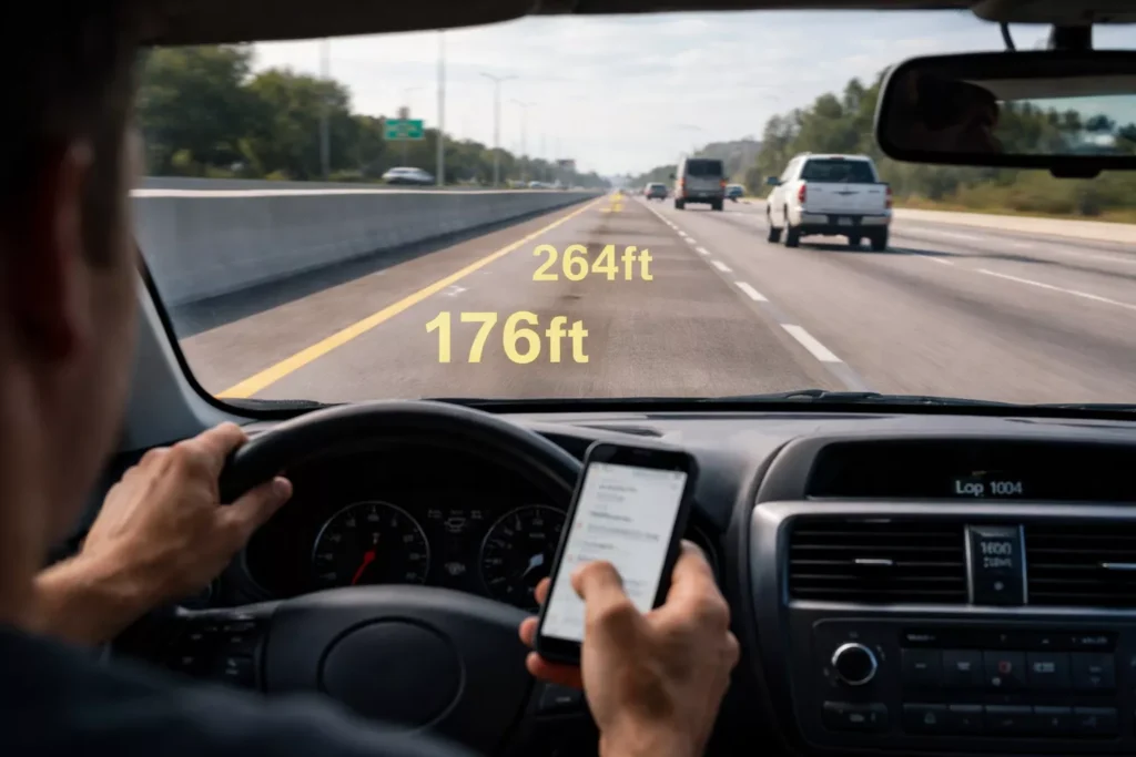 Driver looking at a phone while driving, with an overlay showing how many feet are traveled blindly during a glance at a mobile device.