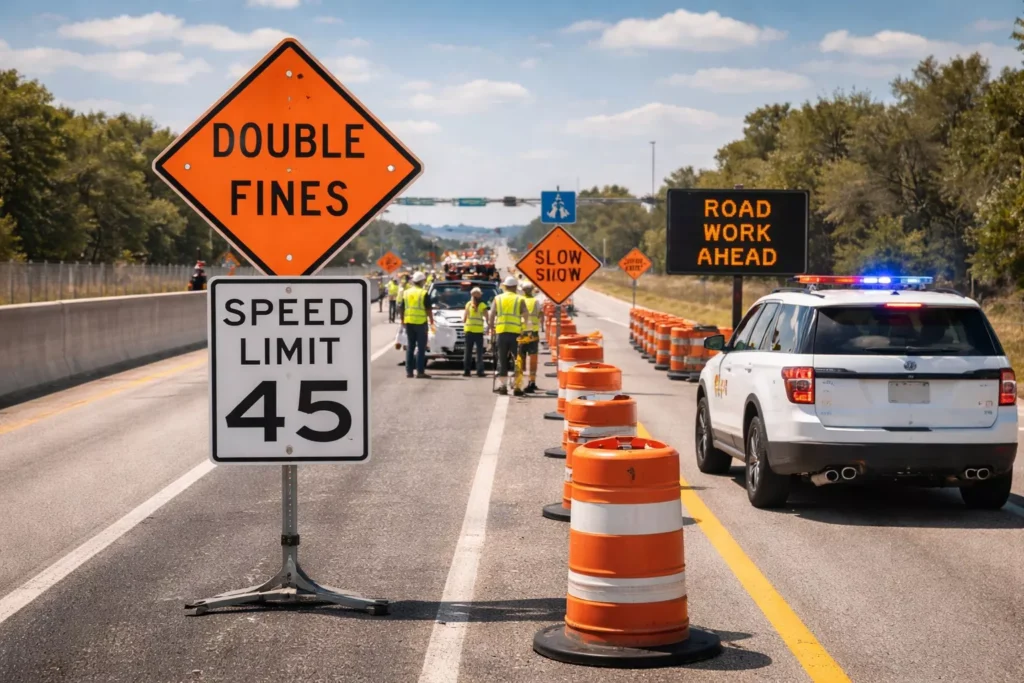 Road construction zone in Texas with 'Double Fines' and 45 MPH speed limit signs, featuring a police vehicle monitoring traffic.