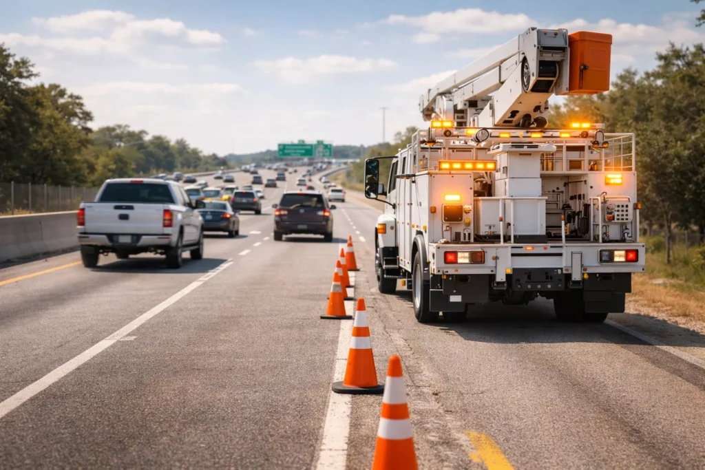 A utility maintenance truck with flashing yellow lights and safety cones parked on the shoulder of a busy Texas highway.
