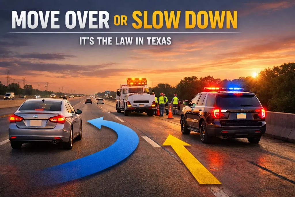 Infographic of the Texas Move Over or Slow Down law showing a car safely changing lanes to avoid emergency vehicles and workers on the highway shoulder at sunset.