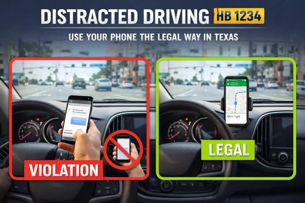 Comparison infographic of distracted driving in Texas showing a hand-held phone as a 'Violation' and a dashboard-mounted phone as 'Legal' under HB 1234.