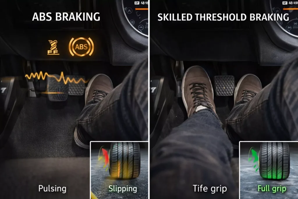 Side-by-side comparison of ABS braking showing pedal pulsing and tire slipping versus skilled threshold braking with full tire grip.