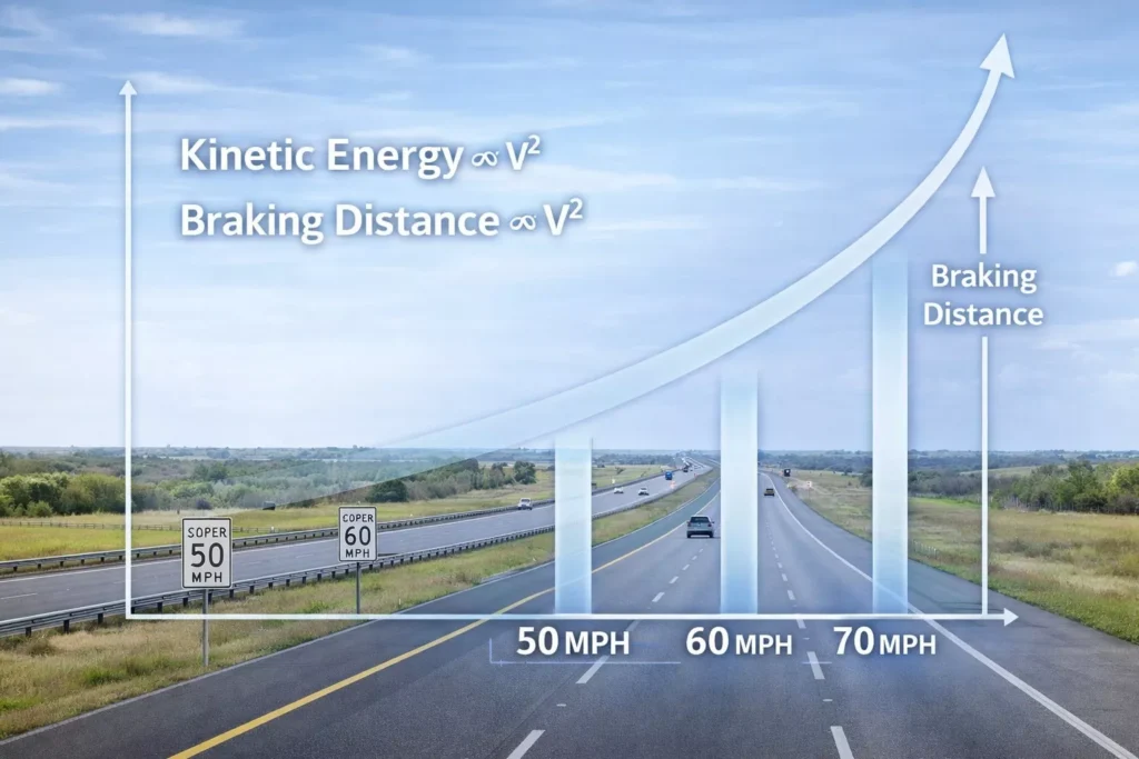 A physics graph showing that braking distance and kinetic energy increase exponentially as speed increases from 50 MPH to 70 MPH on a highway.