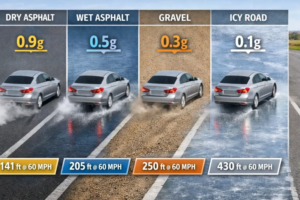 Comparison of stopping distances at 60 MPH on different road surfaces: 141ft on dry asphalt, 205ft on wet asphalt, 250ft on gravel, and 430ft on icy roads.