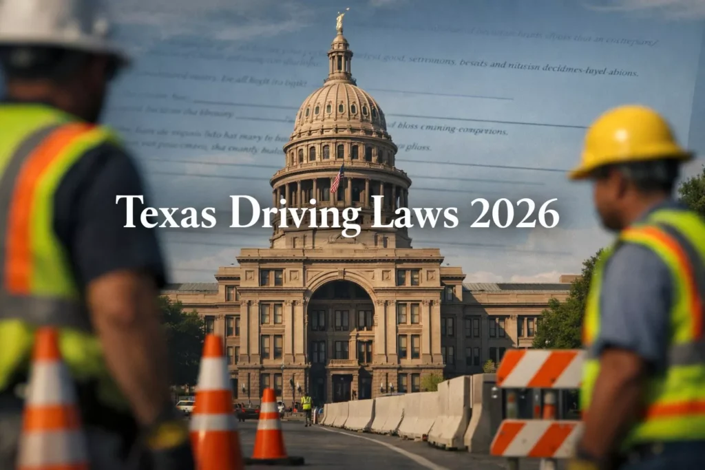 The Texas State Capitol building with construction workers in the foreground, representing the 2026 Texas driving law updates and road safety regulations.