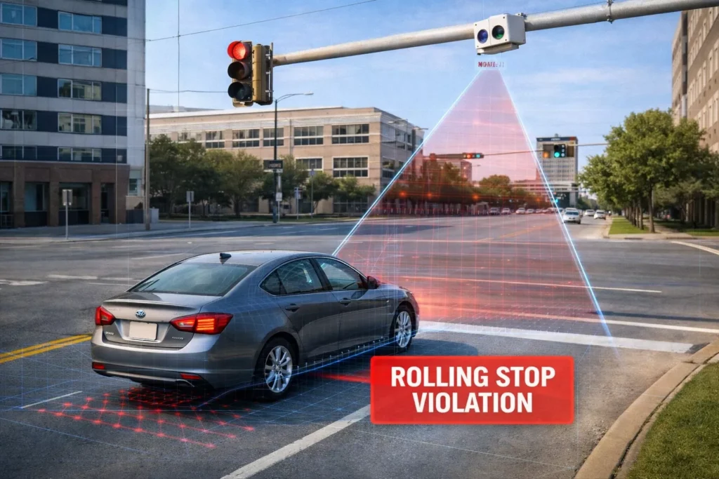 Car caught on camera for a rolling stop violation at a Texas intersection.