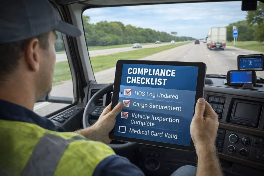 A truck driver inside a cabin holding a tablet with a 'Compliance Checklist' showing HOS Log Updated, Cargo Securement, and Vehicle Inspection items.
