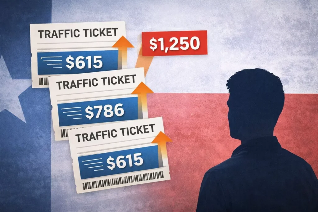 Silhouette of a driver looking at multiple Texas traffic tickets with rising fine amounts ($615, $786) against the Texas state flag background.