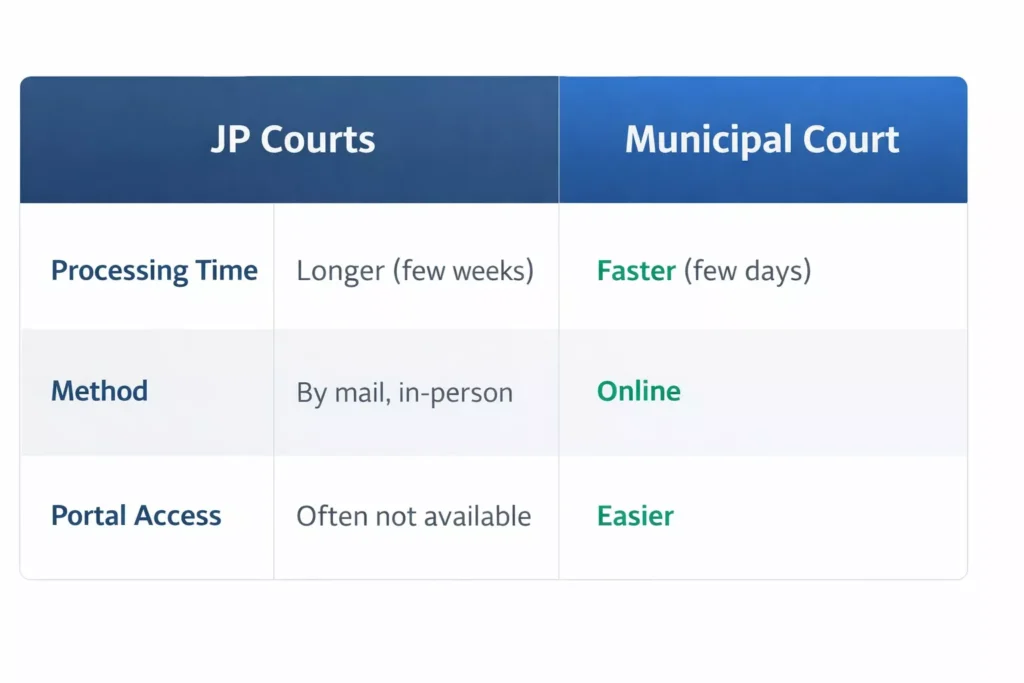 Comparison table between Texas JP Courts and Municipal Courts, showing processing times, filing methods, and online portal availability.