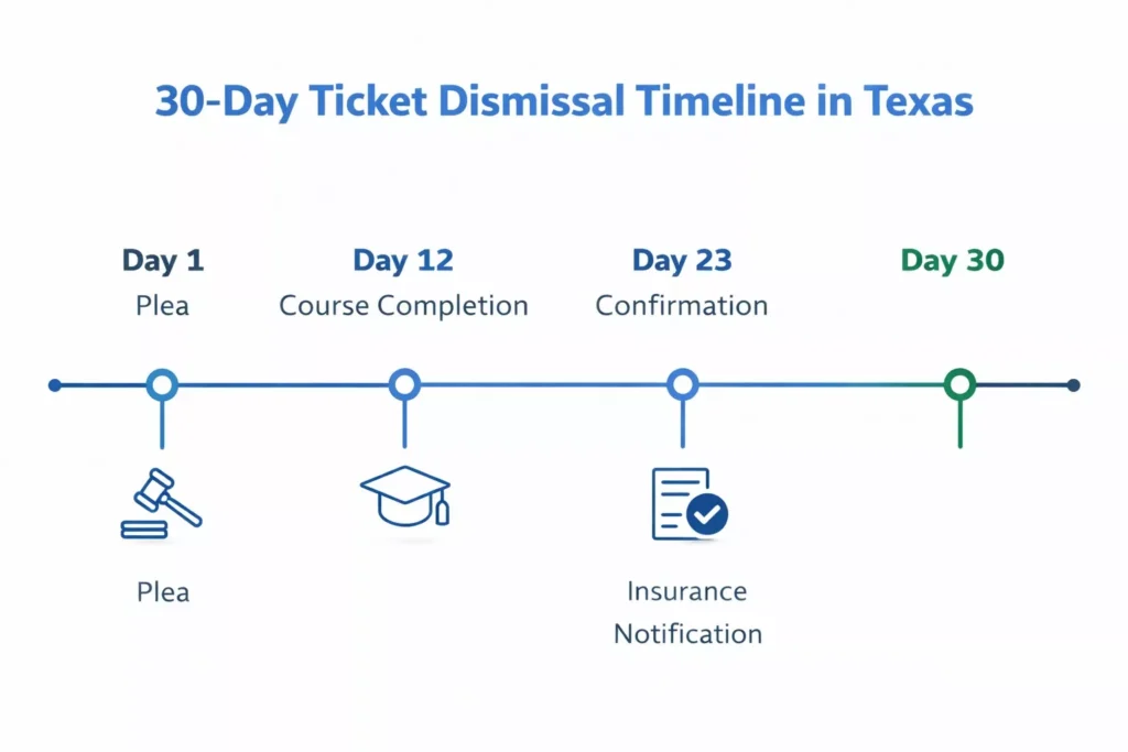 Infographic showing the 30-day Texas ticket dismissal timeline: Day 1 Plea, Day 12 Course Completion, and Day 23 Insurance Notification.