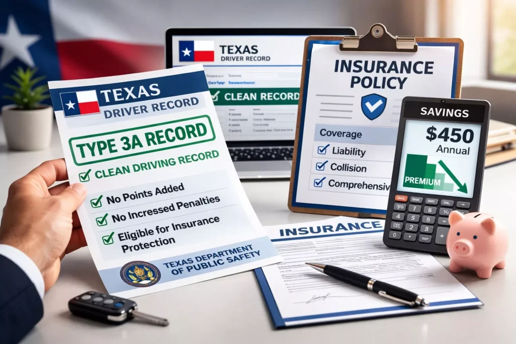 Texas Type 3A driving record showing a clean status and $450 annual insurance savings.