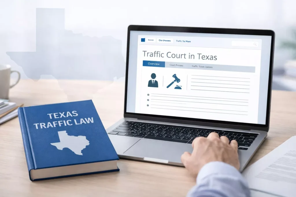 Person researching Texas traffic laws and court processes on a laptop.