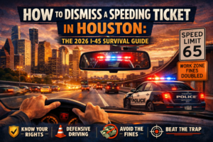 Driver pulled over by police on I-45 in Houston showing how to dismiss a speeding ticket in Houston with defensive driving guide 2026