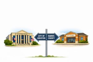 Illustration of City of Houston Municipal Court and Harris County JP Court with directional sign, representing options to dismiss a speeding ticket in Houston.