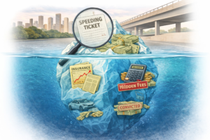 Illustration of an iceberg showing hidden costs like insurance increase, fines, and conviction beneath a speeding ticket concept, explaining how to dismiss a speeding ticket in Houston.