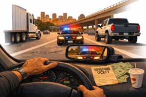Driver being pulled over by police on a Houston highway with a speeding ticket on the dashboard, illustrating how to dismiss a speeding ticket in Houston.