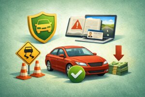 Illustration of a car with safety shield, traffic warning signs, driver education book, and money savings concept showing options to dismiss a speeding ticket in Houston.