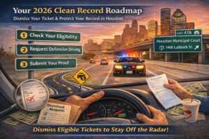 A 2026 roadmap infographic showing how to dismiss a speeding ticket in Houston, featuring three steps: Check Eligibility, Request Defensive Driving, and Submit Proof, with a view of the Houston Municipal Court and city skyline.