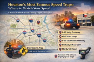 Map of famous Houston speed traps including I-10 Katy Freeway, 610 West Loop, and I-69, highlighting where HPD and Harris County deputies monitor speed to help drivers avoid or dismiss a speeding ticket in Houston.