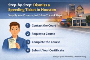 Step-by-step guide on how to dismiss a speeding ticket in Houston showing the 4-stage process: Contact the Court, Request a Course, Complete the Course, and Submit Your Certificate with the Houston Municipal Court building in the background.