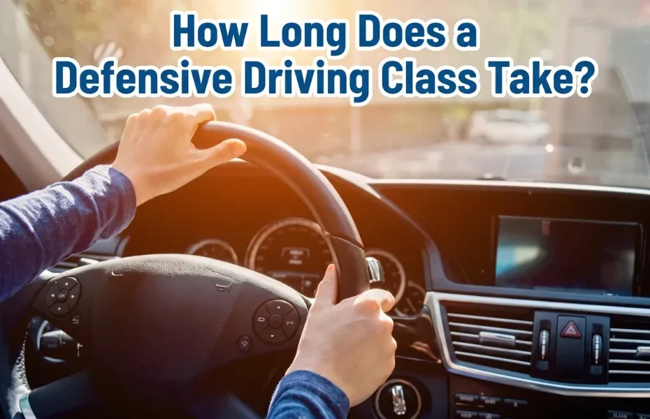 Defensive driving duration explained with driver behind the wheel, blog hero image about how long a defensive driving course takes.